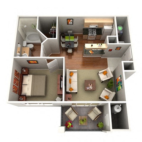 Floor plan for 1 bed, 1 bath, 707 sqft